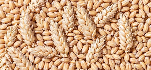 Obraz premium Close-up of golden wheat kernels highlighting their rich texture and warm, natural hues for harvest-themed marketing.
