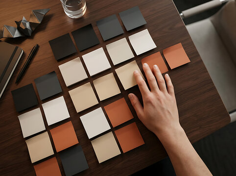Person arranging square neutral color swatch samples on a dark wooden office desk for interior design and creative planning