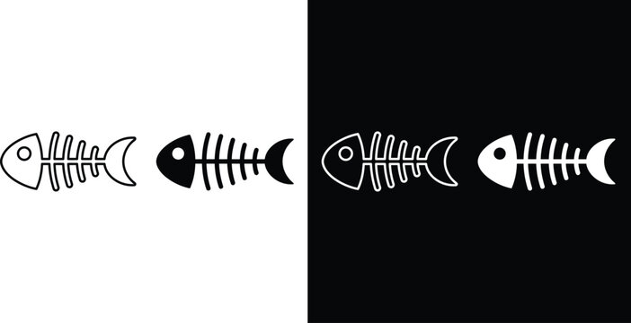 Fish bone outline and solid black silhouette flat vector icons.