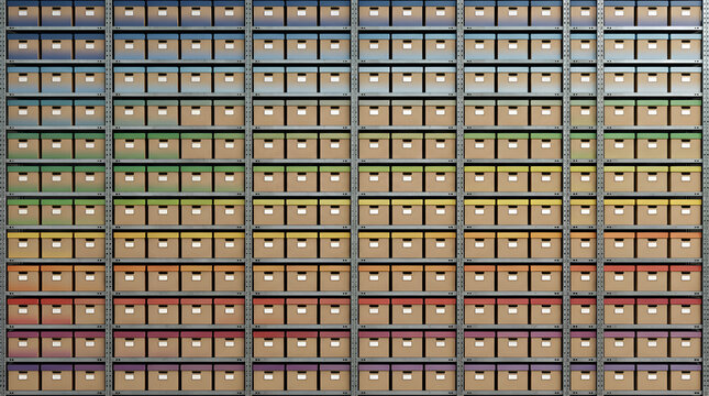 Seamless tileable pattern featuring rows of stacked cardboard shipping boxes in warm earth tones, ranging from cream to brown, creating a warehouse storage background