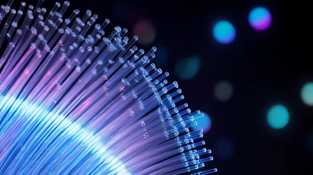 Luminous fiber optic: telecommunication network, optical transmission, digital signal, internet connection, broadband speed, data stream.