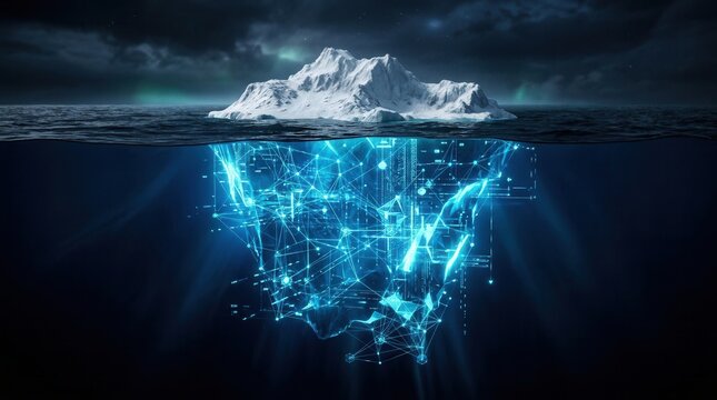 A concept of data security and storage featuring a glowing digital iceberg underwater.