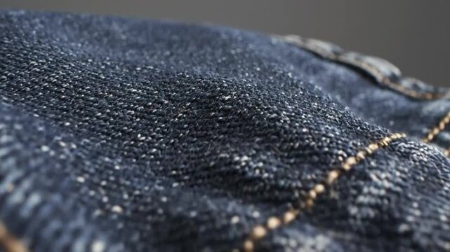 Close up view of the intricate details and texture of dark blue denim fabric with stitching