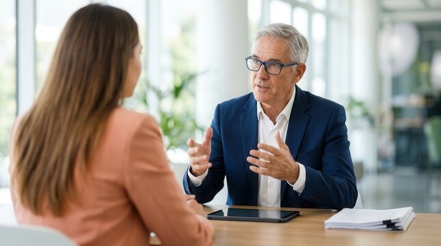 Experienced male mentor providing professional guidance to a female colleague during a meeting.