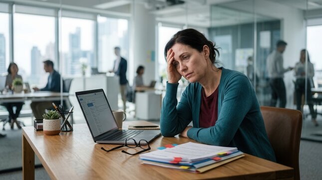 Portrait of a tired woman expressing boredom and depression at her office desk.