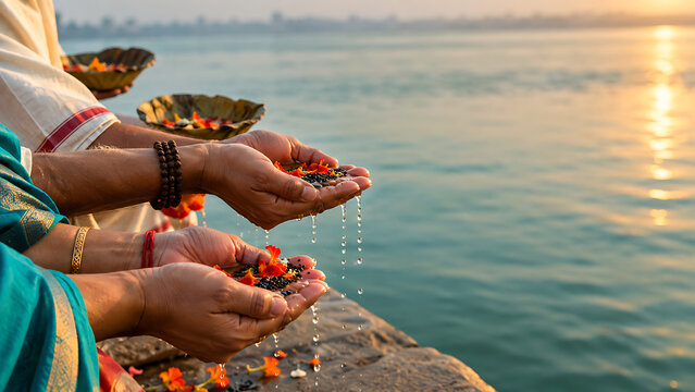Devotees offering flowers and sacred water by riverside during mahalaya ritual honoring durga puja traditions at peaceful golden sunrise prayer ceremony together