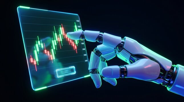 Robotic hand interacting with a digital holographic stock market chart on a dark background