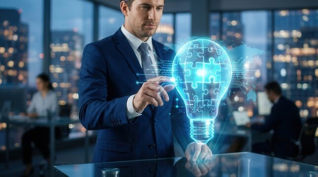 Innovative technology and tailored applications used by a businessman for enterprise strategy.