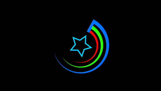 Blue Star Inside Colorful Arcs Blue Green Red on Black Background Keywords: abstract, arc, blue, circle