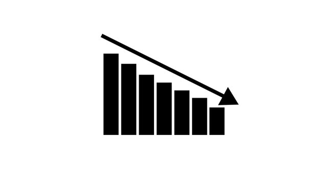 Black Bar Graph Showing Downward Trend with Arrow on White Background chart decline