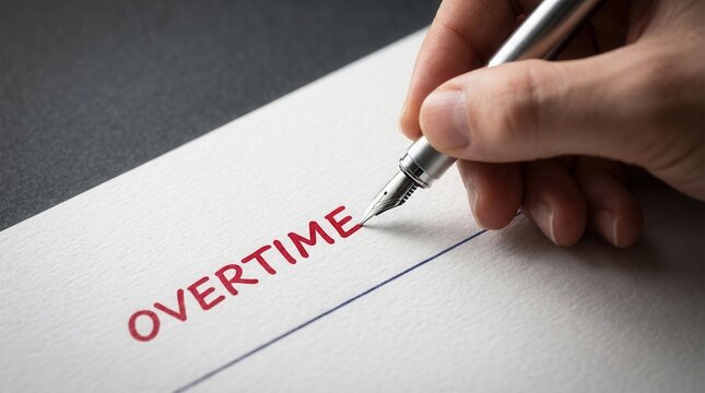 Close-up of a hand using a fountain pen to write OVERTIME in red ink to symbolize extra work.