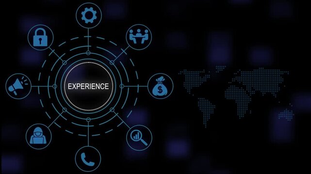 Dynamic digital business experience infographic animation featuring global map network connections and interactive technology representing modern corporate strategy and innovation