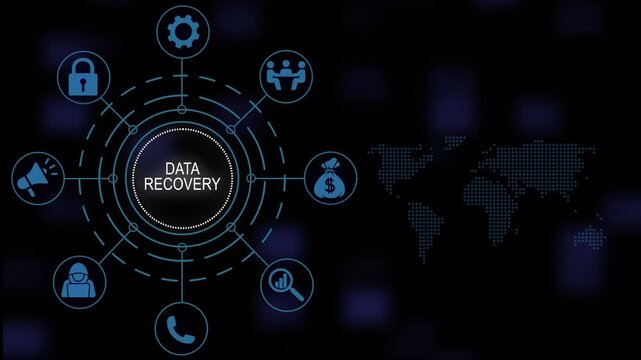 Comprehensive data recovery technology infographic animation featuring glowing blue map background, and cyber security concepts for corporate presentations and it solutions