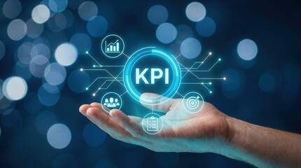 Fototapeta premium Business performance measurement concept with a hand holding a glowing KPI circle and related icons.