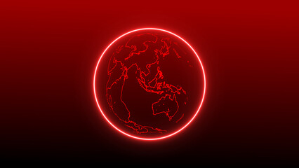 Glowing Red Neon Outline of Earth Globe on Dark Red Background Keywords: abstract, america, asia, australia © Surjomukhi