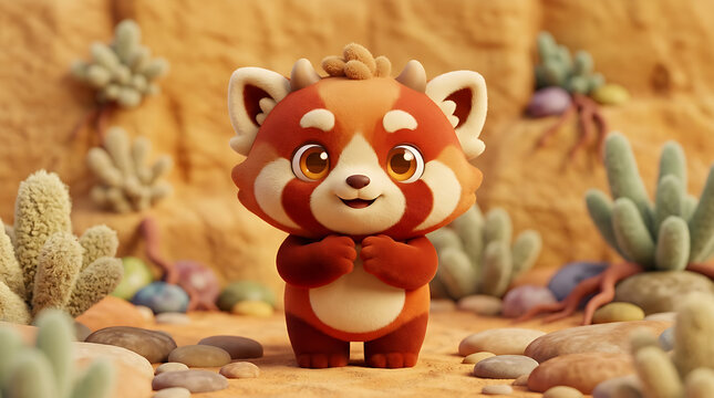 Adorable fuzzy red panda cub with soft fur and large expressive eyes standing in warm sunlight