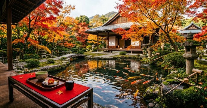Panoramic view of a traditional Japanese garden with autumn leaves and matcha tea set
