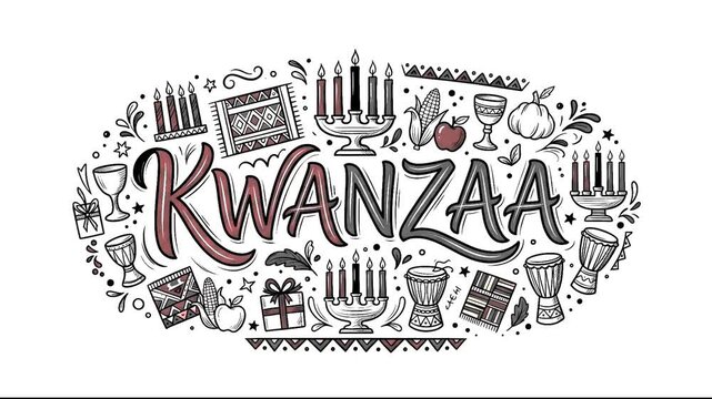 Kwanzaa lettering banner with hand drawn kinara candles djembe drums and african heritage holiday doodles
