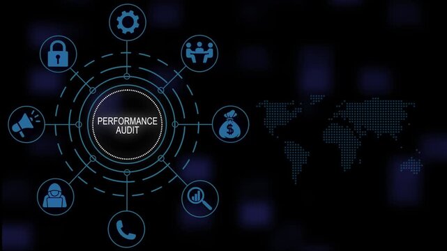 Comprehensive performance audit conceptual infographic animation displaying strategic business growth metrics, financial analytics, corporate evaluation, and global network connection data