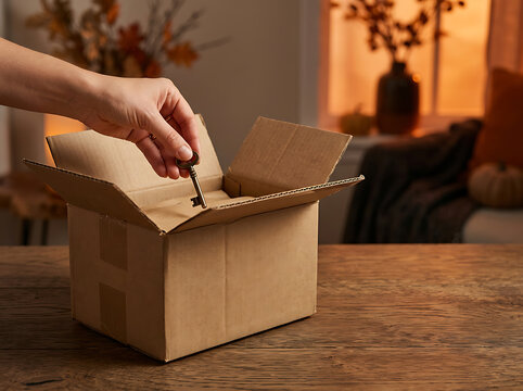 A hand carefully places a vintage key into an open cardboard box, hinting at mystery and discovery