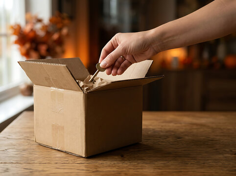 A delicate hand places a metallic key inside an open cardboard box, symbolizing the exciting journey of moving into a new home, property ownership, or secure delivery of important valuables