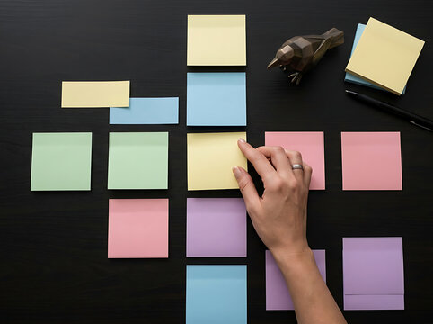 Hand organizing colorful sticky notes on a dark surface for project planning and brainstorming