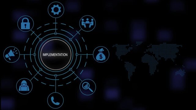 Implementation business strategy concept animation featuring interactive digital infographic diagram with global map background, for corporate presentations, and technology projects