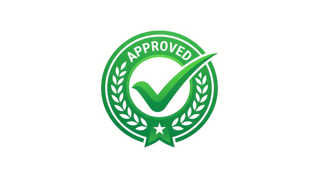 Green approved stamp featuring a circular laurel wreath and bold checkmark symbol for professional quality assurance