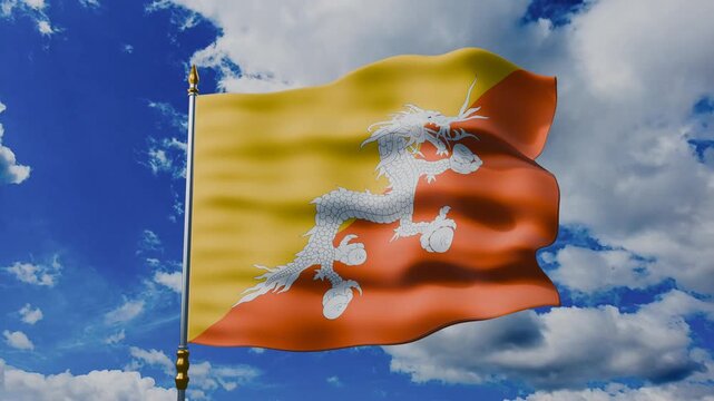 Bhutan Flag Waving Against Blue Sky