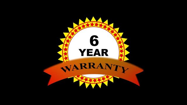 6 year warranty badge animation, gold and red seal emblem for product assurance and marketing seal of approval
