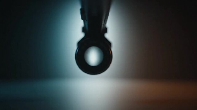 Digital glitch effect flickering over metal gun barrel circular sight
