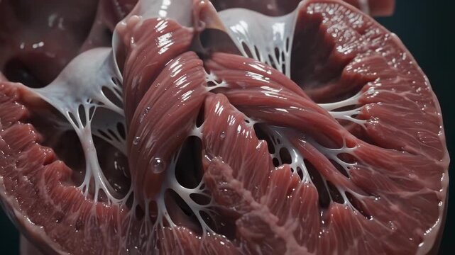Cardiac ventricle interior: biological pump, muscle tissue, fibrous tendon, organ beat, vascular motion, pulse rhythm, internal anatomy, chordae tendineae.