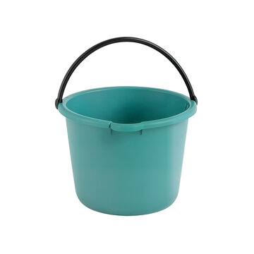 Empty teal cleaning bucket with black handle