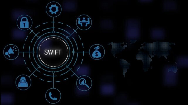Comprehensive swift global financial messaging network diagram illustrating secure international banking transactions, digital payments, and modern cyber security infrastructure concept