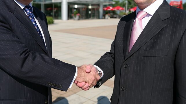 Two businessmen in pinstripe suits shaking hands outdoors during a corporate meeting or partnership deal