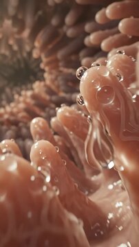 Intestinal villus lumen: absorb nutrient, gut mucosa, microscopic anatomy, cellular layer, digestive tract, moist membrane, biology model, epithelial tissue, internal surface.