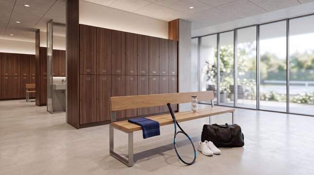 Modern luxury sports locker room interior featuring wood cabinets and a wooden bench with tennis equipment overlooking a sunny garden view