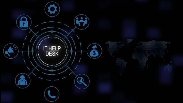 It help desk virtual concept animation featuring glowing blue futuristic interface map background, technical support and data network communication symbols for corporate presentation