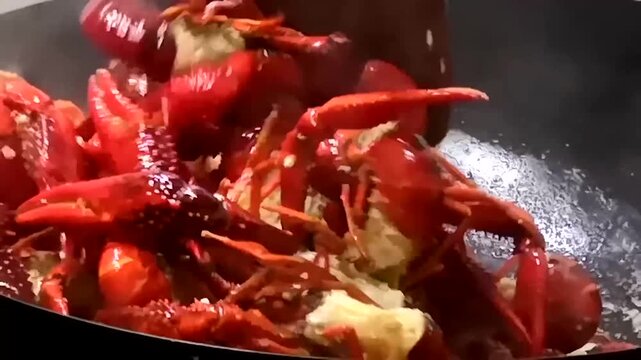 Crayfish being stir-fried in a wok over high flame, then simmered with broth and green onions, served in a metal platter