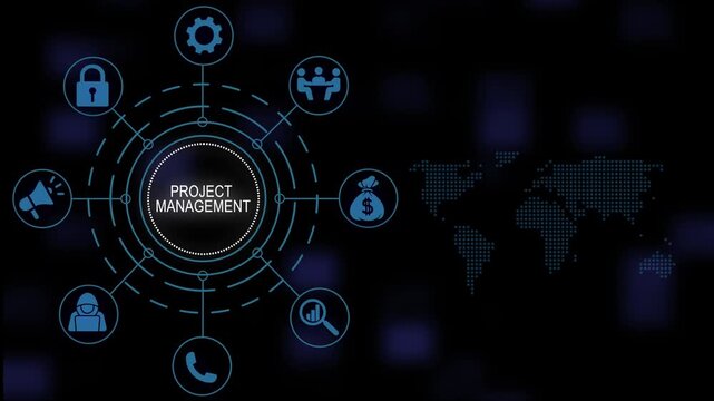 Project management concept digital animation with glowing global network infographics featuring business strategy connected to a central hub on a dark technological background