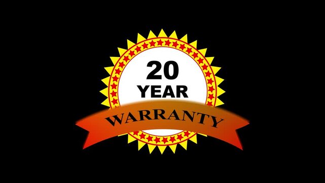 20 year warranty gold seal badge animation on black background, for business assurance, warranty seal gold badge