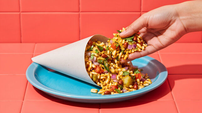 Hand reaching for jhal muri in a paper cone, Indian street food