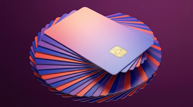 Stack of colorful credit cards with golden chips arranged in a circular fan pattern payment methods financial transaction golden chip cashless payment electronic payment