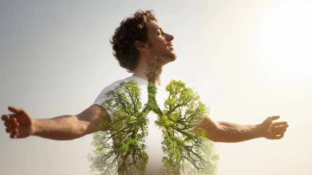 Organic lung overlay: fresh breath, clean oxygen, green tree, healthy man, pure air, inhale nature, deep respiration, environmental wellness, natural vitality.