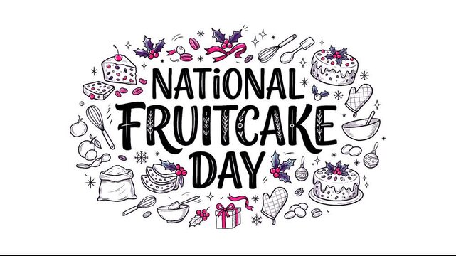 National Fruitcake Day lettering banner with hand drawn christmas cake baking utensils and winter holiday doodles
