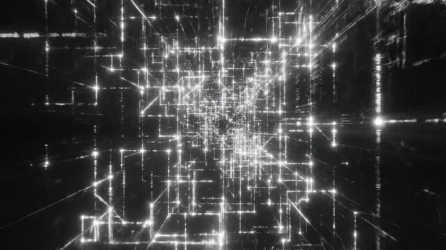 Abstract data network visualization within a dark space featuring bright connection lines and particles