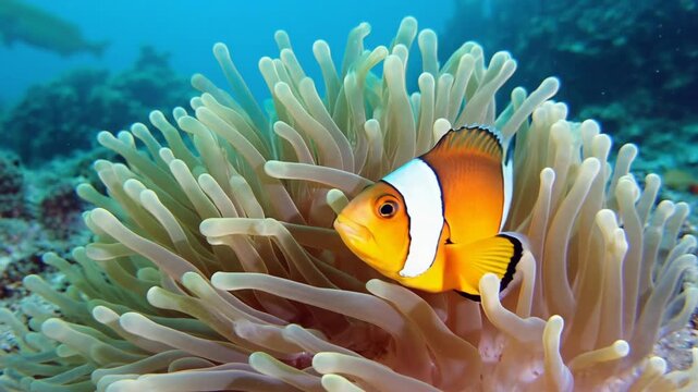 Colorful Clownfish in Sea Anemone Cartoon Illustration