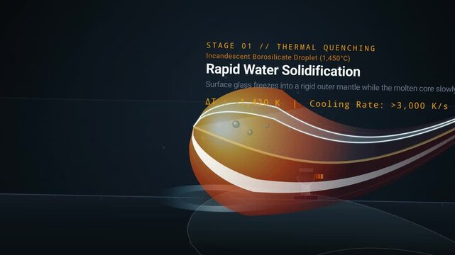 Educational animation explaining the physics of a Prince Rupert drop demonstrating thermal quenching locked stress equilibrium sledgehammer resilience and catastrophic strain energy release