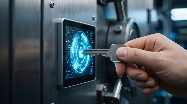 Hand holding a key unlocking a digital security safe vault display interface
