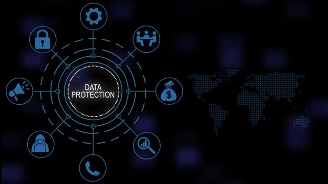 Comprehensive data protection concept infographic animation with interactive cyber security networking around a global map connected in a digital tech background